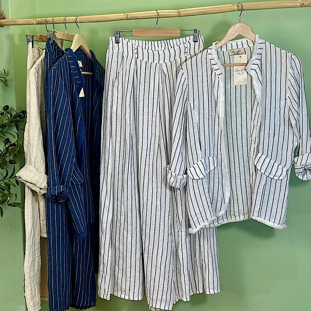 Puro Lino White Striped Italian Linen Jacket and Pants Set